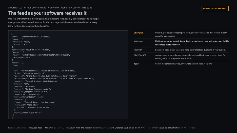 A JSON feed payload with a cursor and one milestone item, beside notes on stability and provenance.