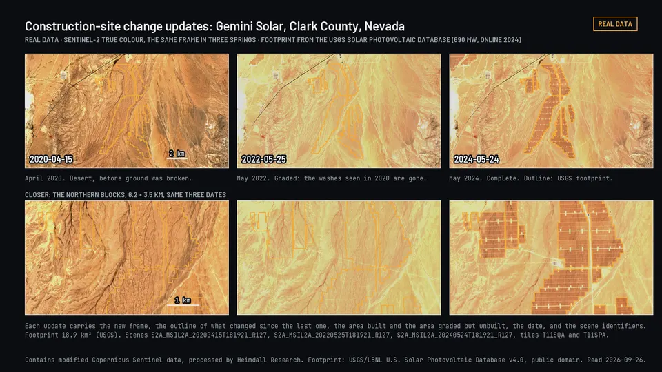 Three satellite views of a solar site under construction over four years.
