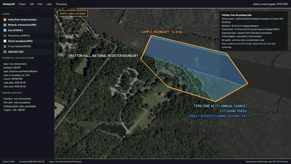 A desktop mapping tool showing the Ashley River screening result as layers from a GeoPackage with the findings table.