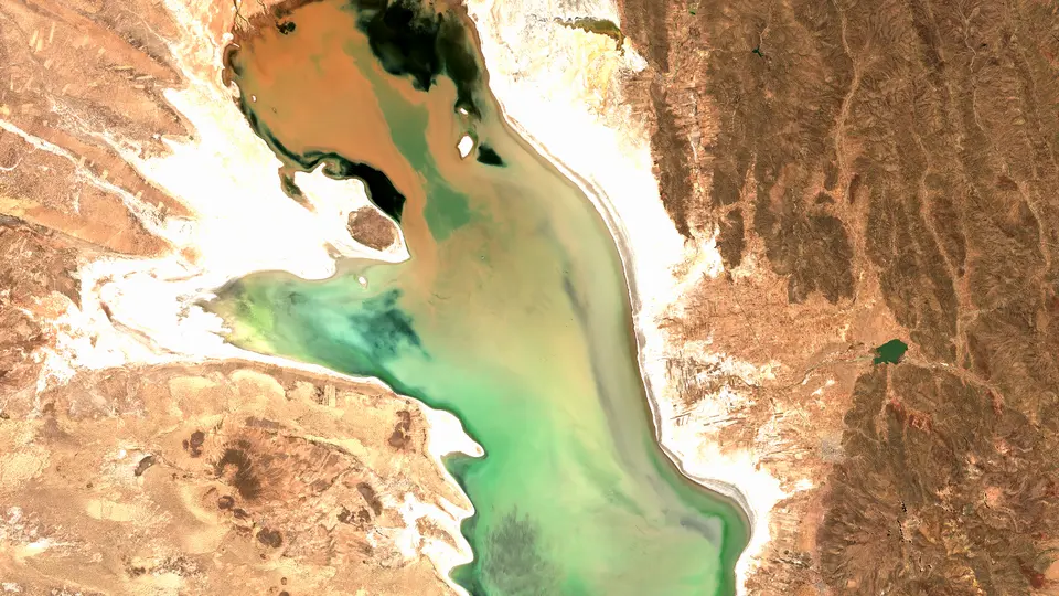 The same basin in August 2025, showing how much of the salt flat is water and how much remains exposed lakebed.