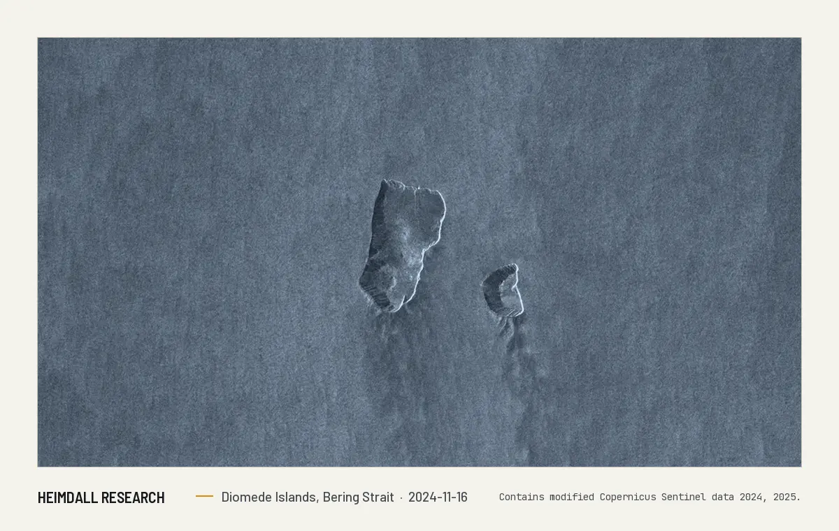 Print preview: Satellite radar image of the Diomede Islands in the Bering Strait on 16 November 2024, surrounded by open water.