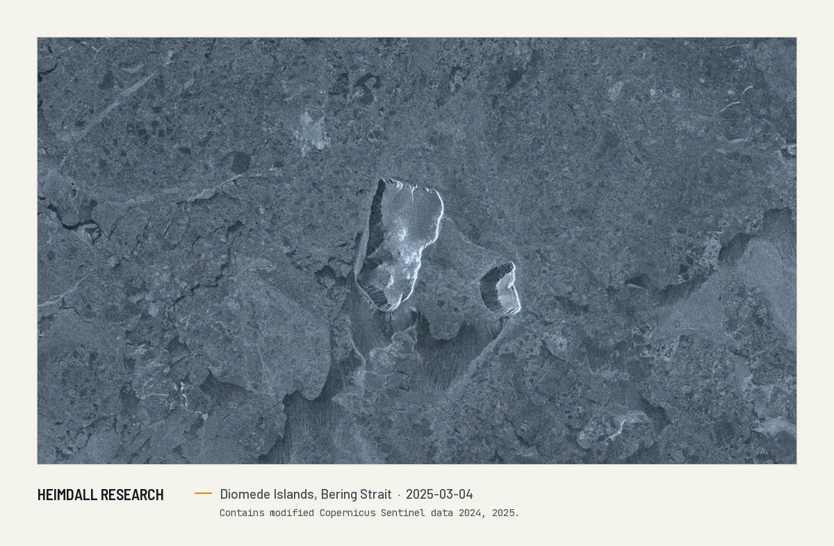 Print preview: The same area on 4 March 2025, with the islands surrounded by fractured pack ice.
