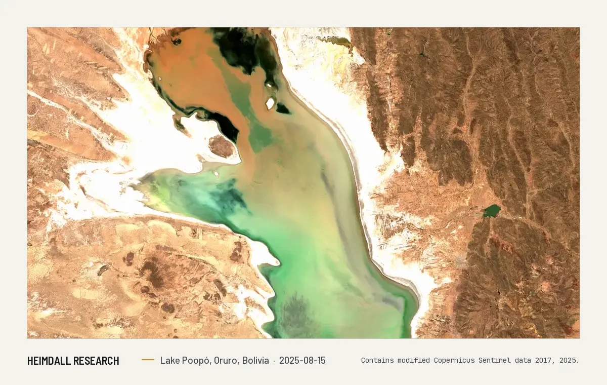 Print preview: The same basin in August 2025, showing how much of the salt flat is water and how much remains exposed lakebed.