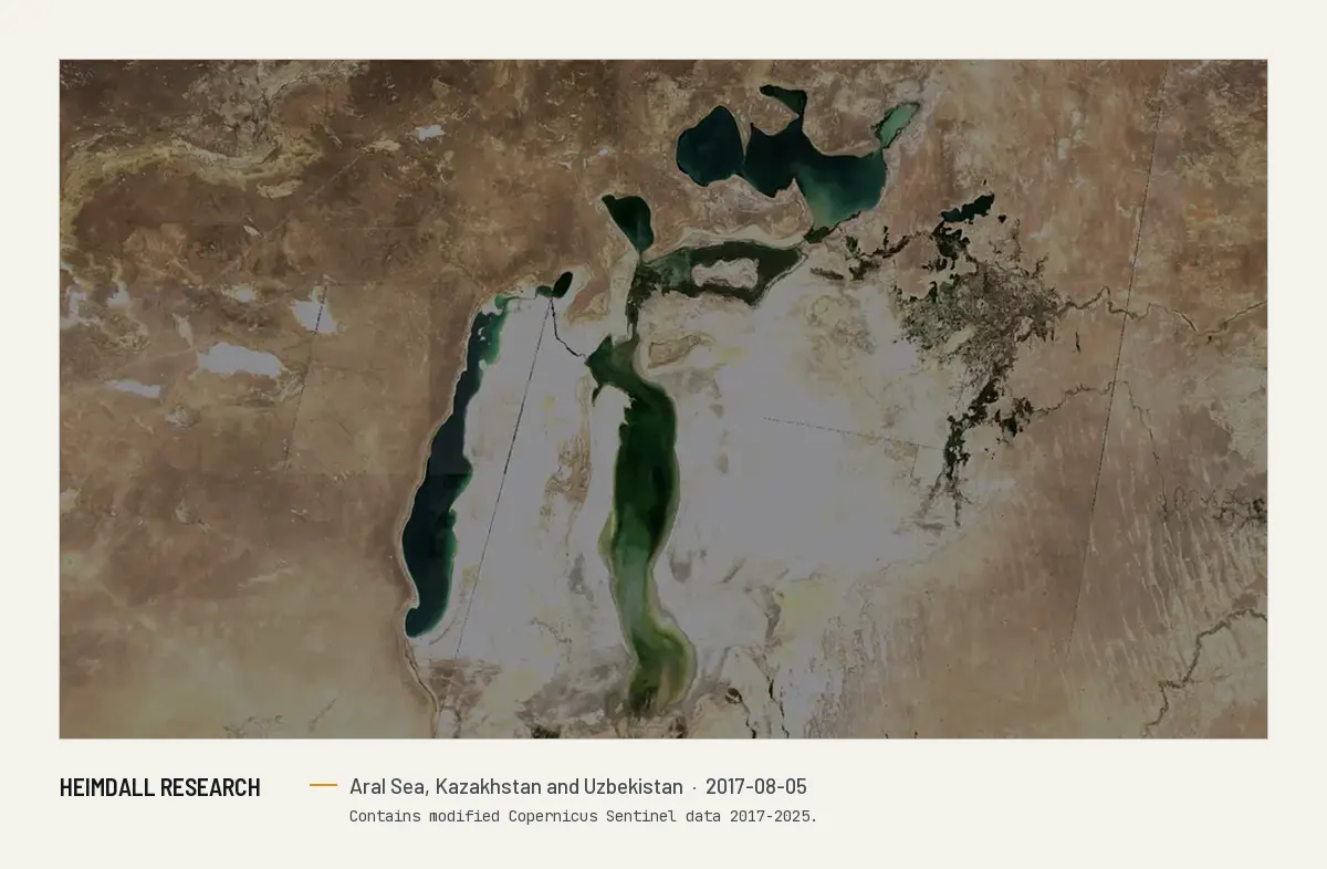 Print preview: Satellite image from late summer 2017 of the Aral Sea: dark water in the North Aral and the western basin, with pale exposed seabed across the eastern basin.