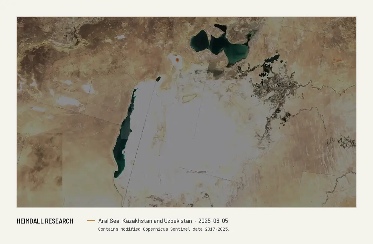 Print preview: The same frame in late summer 2025, showing how much of the basin is open water and how much is exposed seabed.