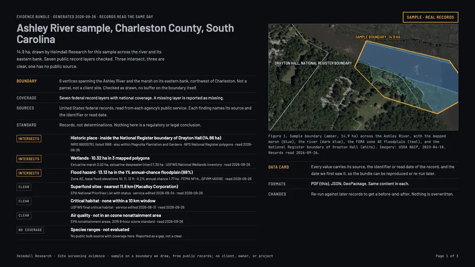 First page of a site screening evidence bundle: a boundary on aerial imagery with its mapped records and seven findings, each naming its source.